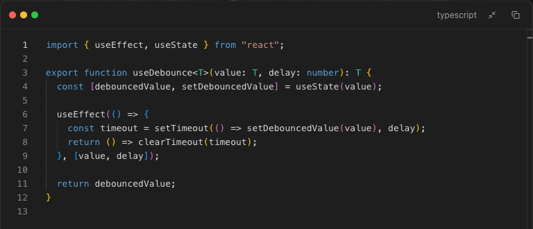 DevStash's code editor showing a TypeScript useDebounce hook